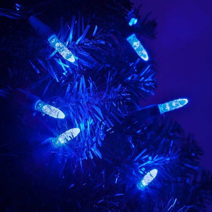 50 Light LED Mini Ice (M5) Light Set Blue Bulbs on Green Wire, Approx. 17'8" Long