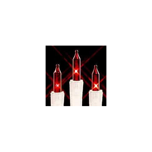 Transparent Red Christmas Tree Mini Lights, 50 Lights, T1 3/4 Shaped, 16 Foot, White Wire, Steady Burning and Flashing