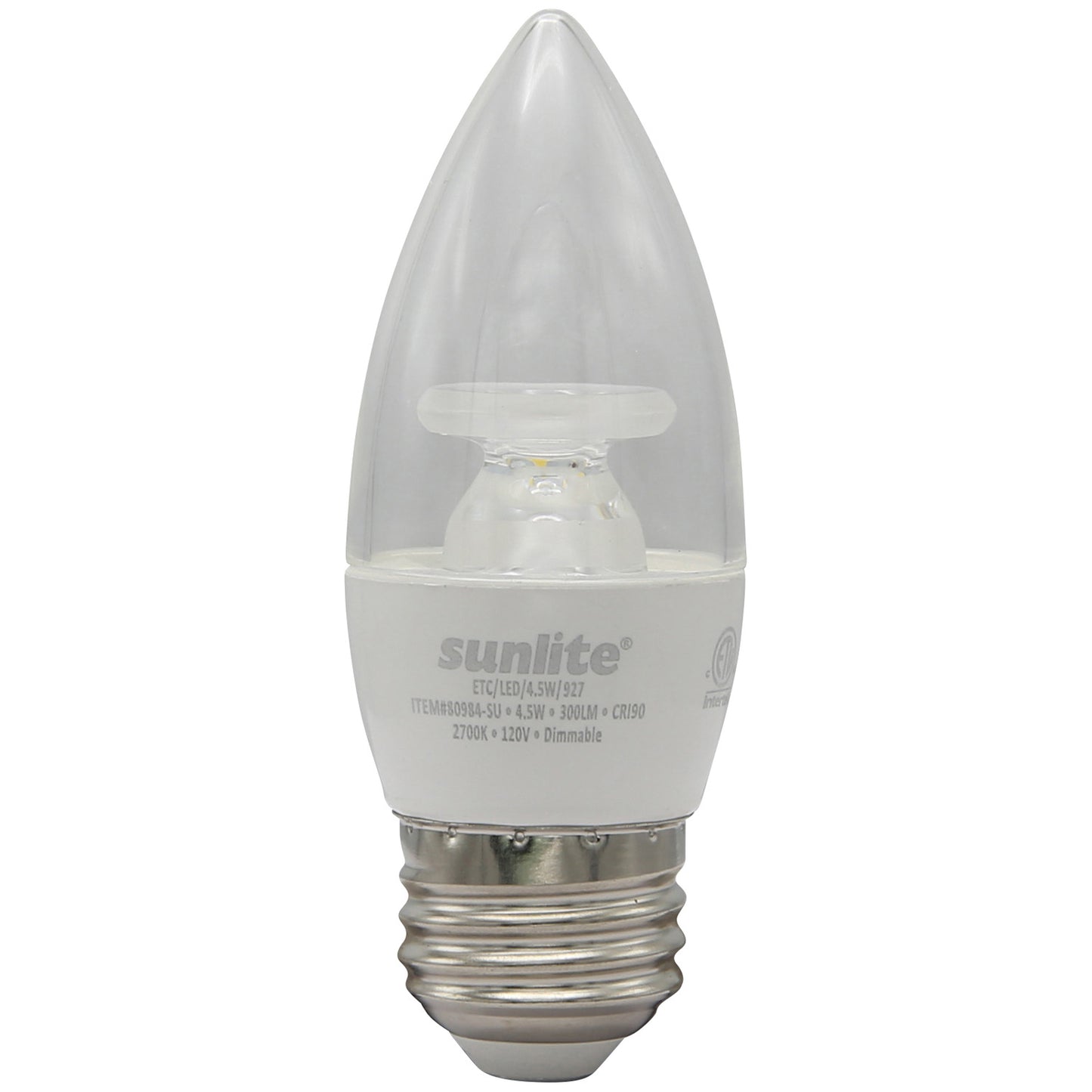 Sunlite 80984 LED B11 Clear Chandelier Light Bulb, 4.5 Watts (40W=), 300 Lumens, 120 Volts, Dimmable, Medium E26 Base, Energy Star, 90 CRI, ETL Listed, Torpedo Tip, 2700K Warm White, 1 Pack