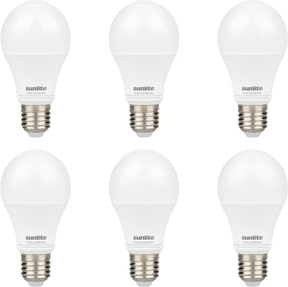 Sunlite LED A19 Light Bulb, 9 Watts (60W Equivalent), 800 Lumens, 120V, Dimmable, Medium E26 Base, Energy Star, 90 CRI, 230 Degree Beam Angle, UL Listed, Title-20 Compliant, 4000K Cool White, 6 Pack