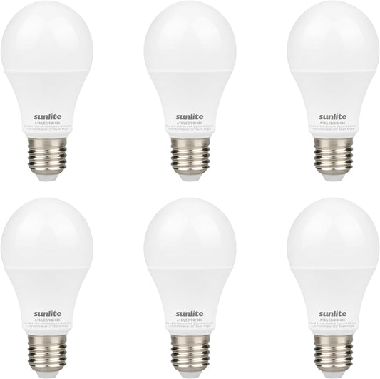 Sunlite LED A19 Light Bulb, 9 Watts (60W Equivalent), 800 Lumens, 120V, Dimmable, Medium E26 Base, Energy Star, 90 CRI, 230 Degree Beam Angle, UL Listed, Title-20 Compliant, 4000K Cool White, 6 Pack