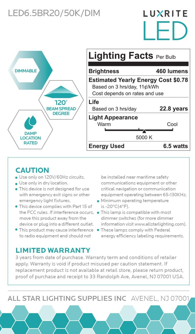 Luxrite LED BR20 Light Bulb, 6.5W, 460 Lumens, 5000K - Bright White, 80 CRI, Frosted White Finish, Dimmable (LR31844)