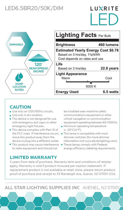 Luxrite LED BR20 Light Bulb, 6.5W, 460 Lumens, 5000K - Bright White, 80 CRI, Frosted White Finish, Dimmable (LR31844)