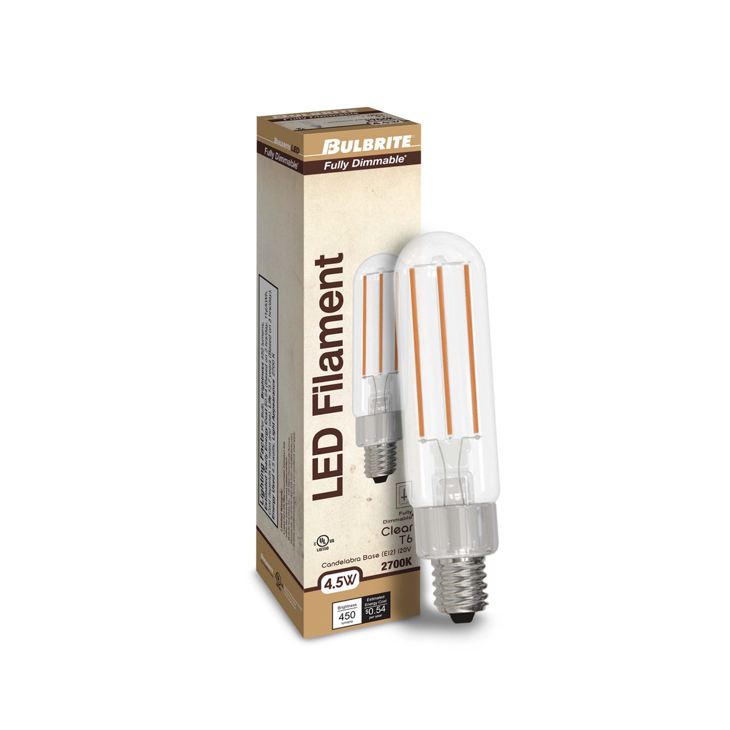 Bulbrite LED Filament Pack of (4) 4.5 Watt Dimmable T6 Light Bulb with Clear Glass Finish and Candelabra (E12) Base - 2700K (Warm White Light), 450 Lumens