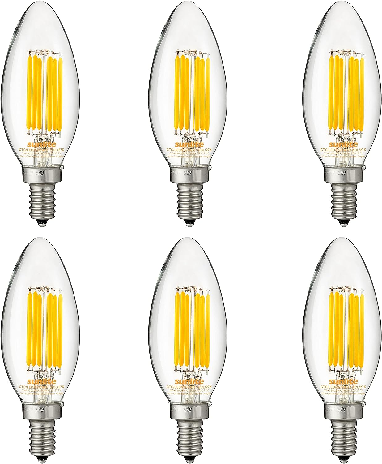 Sunlite LED Edison B11 Torpedo Tip Chandelier Light Bulb, 5 Watts (60W Equivalent), 630 Lumens, Candelabra E12 Base, Non-Dimmable Clear Glass Filament, 220-277 Volt, 2700K Warm White, 6 Count