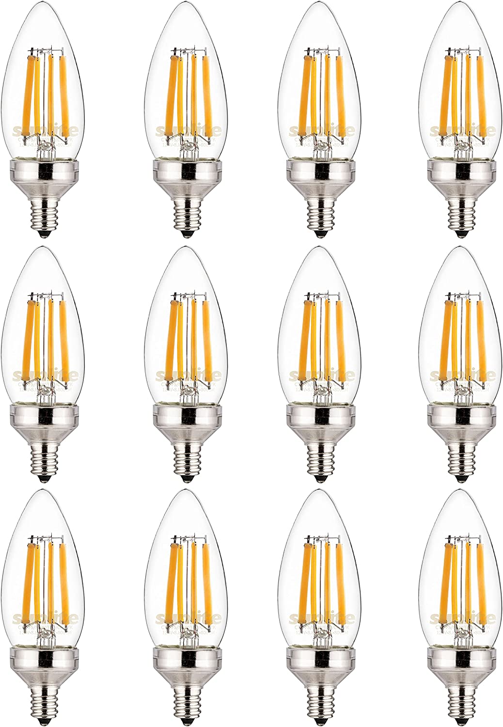 Sunlite 81336 LED Edison B11 Torpedo Tip Chandelier Light Bulb, 8.8 Watts (75 W Equivalent) 800 Lumens, Candelabra E12 Base, Dimmable, UL Listed, Title 20 Compliant, 90 CRI, 2700K Warm White, Pack of 12