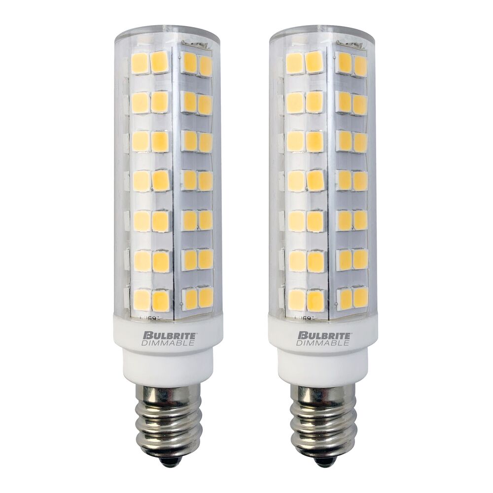 Bulbrite Pack of (2) 6.5 Watt 120V Dimmable Clear T6 LED Mini Light Bulbs with Candelabra (E12) Base, 2700K Warm White Light, 700 Lumens