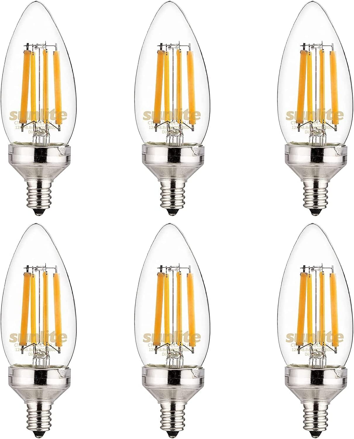 Sunlite 81336 LED Edison B11 Torpedo Tip Chandelier Light Bulb, 8.8 Watts (75 W Equivalent) 800 Lumens, Candelabra E12 Base, Dimmable, UL Listed, Title 20 Compliant, 90 CRI, 2700K Warm White, 6 Pack