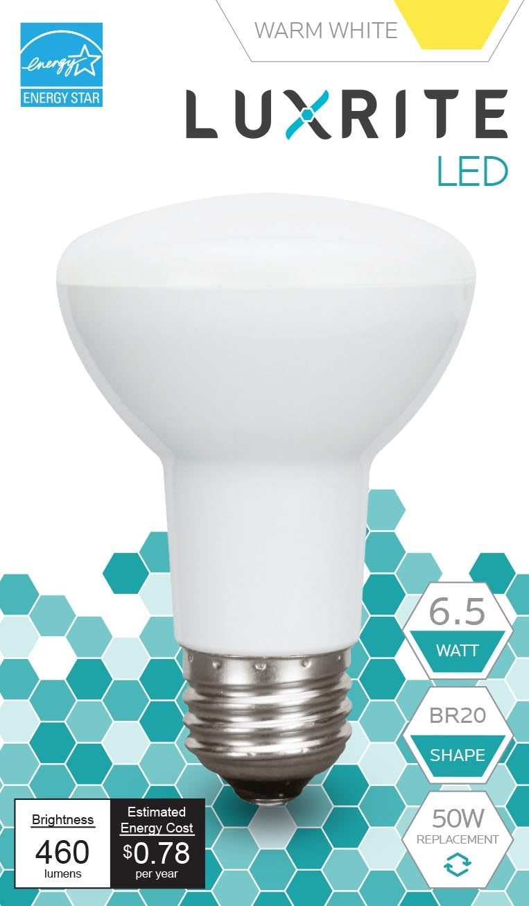 Luxrite LED BR20 Light Bulb, 6.5W, 460 Lumens, 2700K - Warm White, 80 CRI, Frosted White Finish, Dimmable (LR31840)