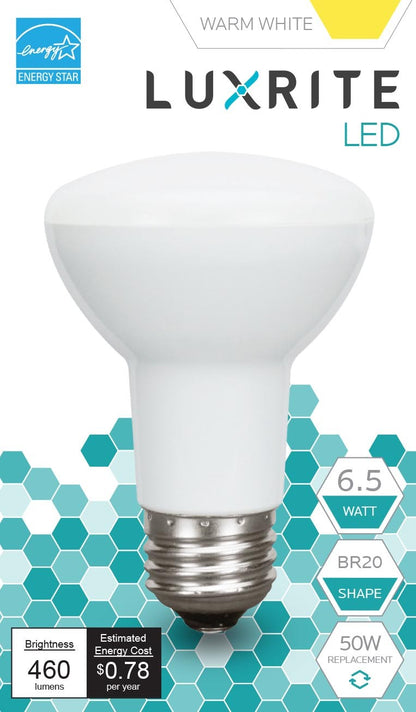 Luxrite LED BR20 Light Bulb, 6.5W, 460 Lumens, 2700K - Warm White, 80 CRI, Frosted White Finish, Dimmable (LR31840)
