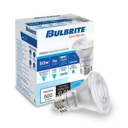 Bulbrite Pack of (6) 7 Watt Dimmable Narrow Flood PAR20 Medium (E26) LED Bulb - 500 Lumens, 3000K, and 80 CRI