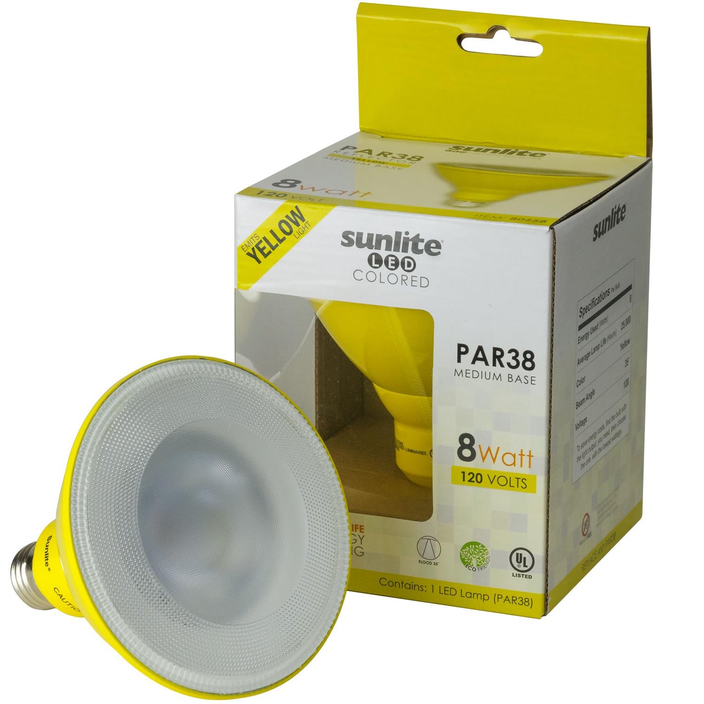 Sunlite LED PAR38 Yellow Floodlight Bulb, 8W (25W Equivalent), Medium (E26) Base, Indoor, Outdoor, Wet Location, 25,000 Hour Lifespan, UL Listed