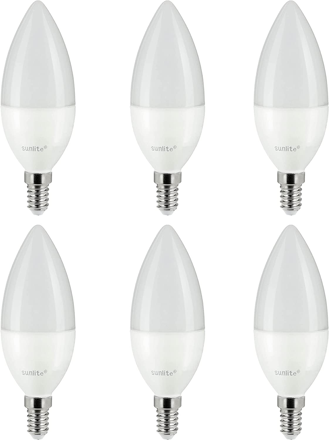 Sunlite 81485 LED B10 Frosted Torpedo Tip Chandelier Light Bulb, 5 Watts (40W Equivalent) 470 Lumens, European E14 Base, Dimmable, 2700K Warm White - 6 Pack