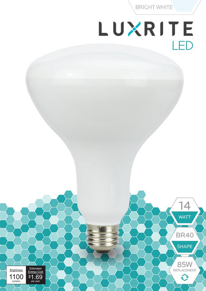 Luxrite LED BR40 Reflector Light Bulb, 14W, 1100 Lumens, 5000K - Bright White, 80 CRI, Frosted White Finish, Dimmable, Pack of 5 (LR31824)