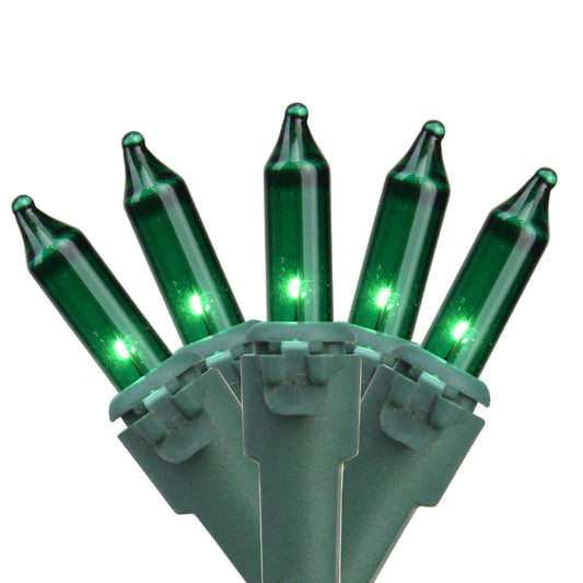 Transparent Green Christmas Tree Mini Lights, 50 Lights, T1 3/4 Shaped, 16 Foot, Green Wire, Steady Burning and Flashing