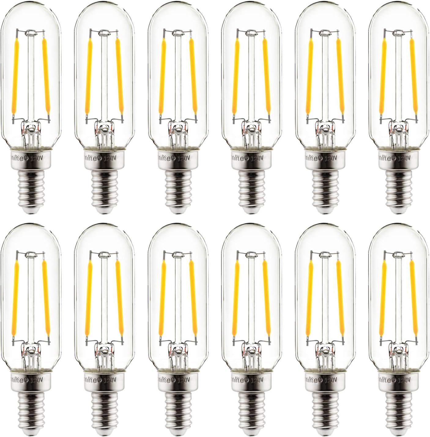 Sunlite 41343 LED Filament T8 Tubular Light Bulb, 2 Watts (25W Equivalent), 120 Lumens, Candelabra E12 Base, Dimmable, 85 mm, UL Listed, 2200K Amber, 12 Pack