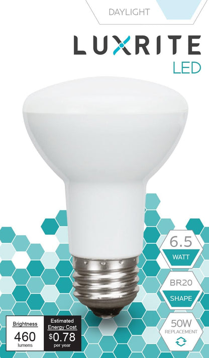 Luxrite LED BR20 Light Bulb, 6.5W, 460 Lumens, 6500K - Daylight, 80 CRI, Frosted White Finish, Dimmable, Pack of 8 (LR31845)