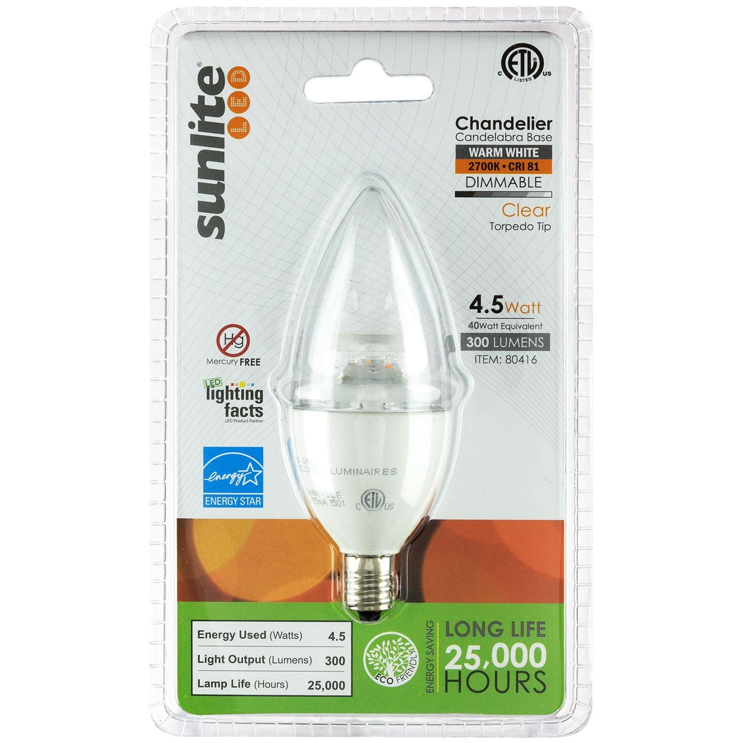 Sunlite LED Torpedo Tip Chandelier 4.5W (40W Equivalent) Light Bulb Candelabra (E12) Base, Warm White