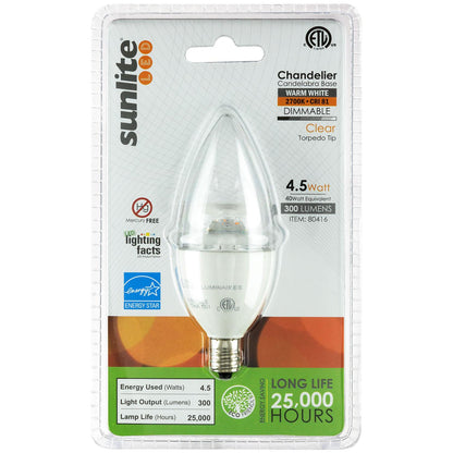 Sunlite LED Torpedo Tip Chandelier 4.5W (40W Equivalent) Light Bulb Candelabra (E12) Base, Warm White