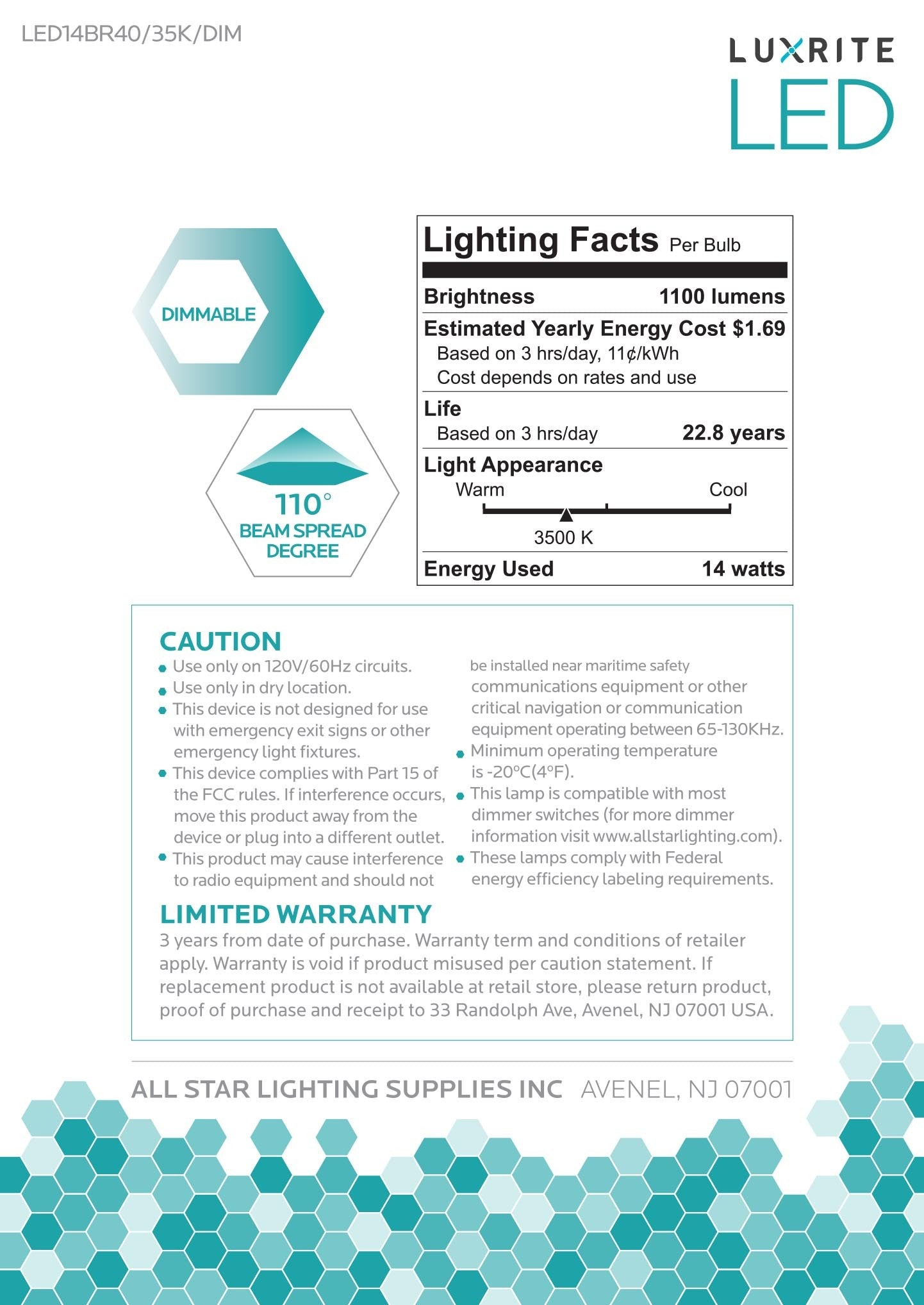 Luxrite LED BR40 Reflector Light Bulb, 14W, 1100 Lumens, 3500K - Natural, 80 CRI, Frosted White Finish, Dimmable (LR31822)