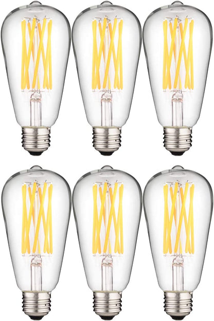 Sunlite 80750-SU LED ST19 Filament Style Edison Light Bulb 8.5 Watts (60W Equivalent), 880 Lumens, Medium Base (E26), Dimmable, ETL Listed, 27K Warm White, Pack of 6