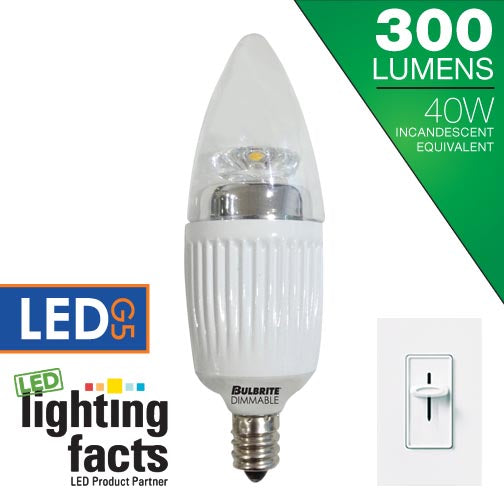 Bulbrite LED5CTC/30K/D 5 Watt Dimmable LED Chandelier Bulbs, Candelabra (E12) Base, Soft White