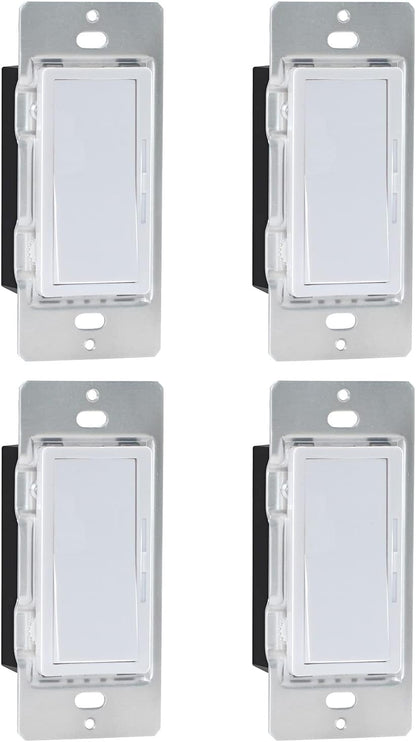 Sunlite LED Wall Rocker Style, Slide Bar Dimmer Switch, Screwless Wall Plates Included, Single Pole or 3-Way Switching, Works with Dimmable Light Bulbs, White - 4 Pack