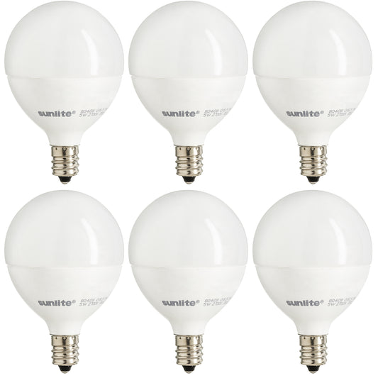 Sunlite 40296-SU LED G16.5 Globe 5W (40W Equivalent) Bathroom Vanity E12 Candelabra Frost Dimmable Light Bulb, (6 Pack), Frosted