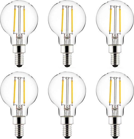 LED G16.5 Filament Style Globe Light Bulb, 2.5 Watts (25W Equivalent), 250 lumens, Dimmable, Candelabra Base (E12), UL Listed, 5000K Super White, 6 Count