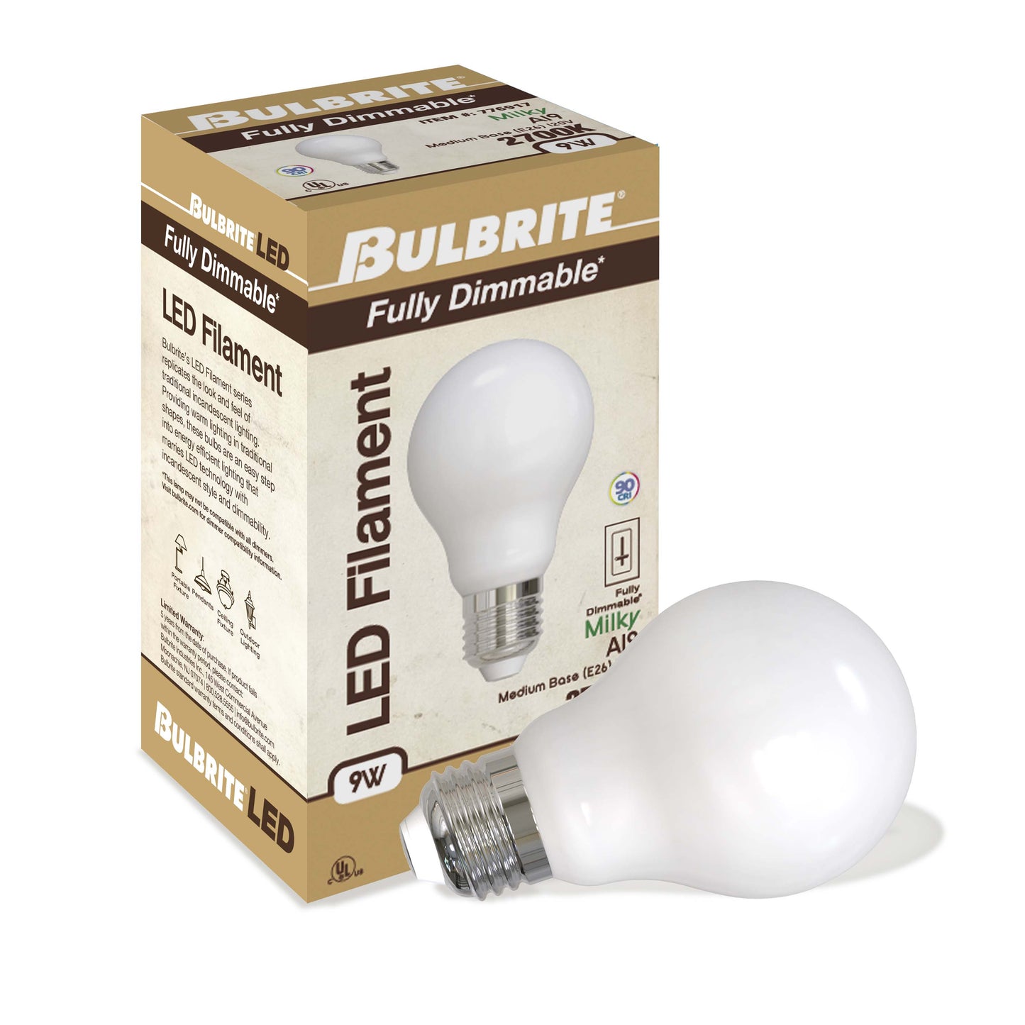 BULBRITE 9W LED A19 2700K FILAMENT MILKY E26 FULLY COMPATIBLE DIMMING-4PK