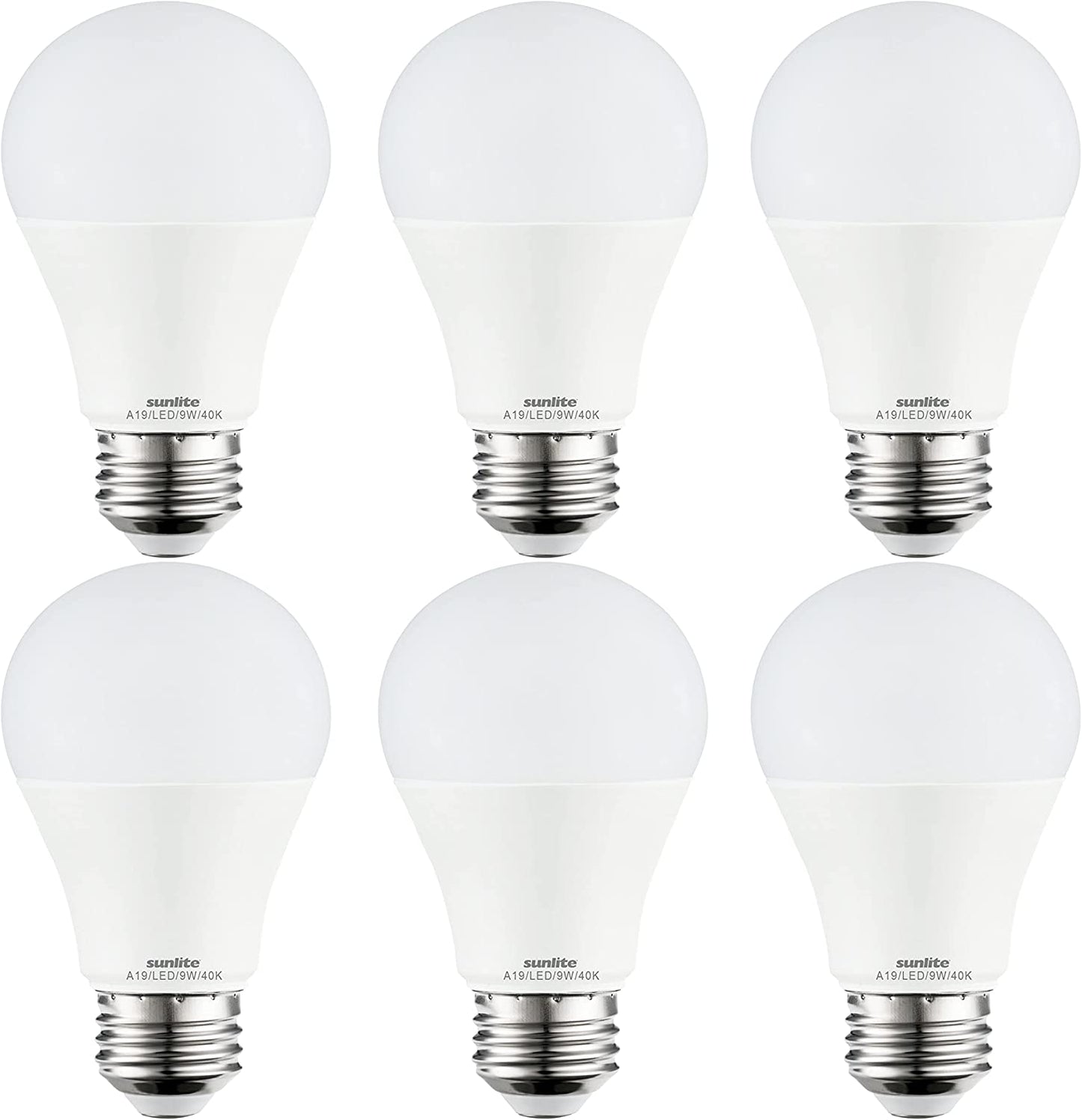 Sunlite 80794 LED A19 Standard Household Light Bulb, 9 Watts (60W Equivalent), 800 Lumens, Medium Base (E26), Dimmable, UL Listed, Energy Star, 90 CRI, Title 20, 4000K Cool White, 6 Count
