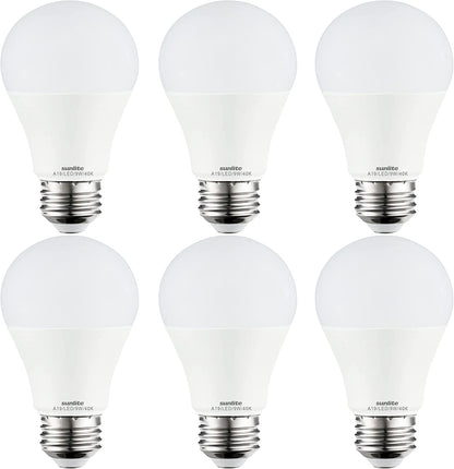 Sunlite 80794 LED A19 Standard Household Light Bulb, 9 Watts (60W Equivalent), 800 Lumens, Medium Base (E26), Dimmable, UL Listed, Energy Star, 90 CRI, Title 20, 4000K Cool White, 6 Count