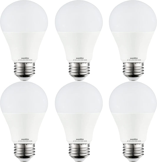 Sunlite 80794 LED A19 Standard Household Light Bulb, 9 Watts (60W Equivalent), 800 Lumens, Medium Base (E26), Dimmable, UL Listed, Energy Star, 90 CRI, Title 20, 4000K Cool White, 6 Count