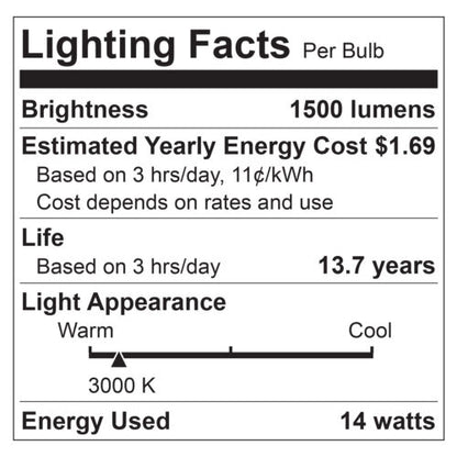 Sunlite 80937-SU LED A19 Light Bulbs, 14 Watts (100W Equivalent), 1500 Lumens, Medium Base (E26), Non-Dimmable, UL Listed, 30K - Warm White, Pack of 6