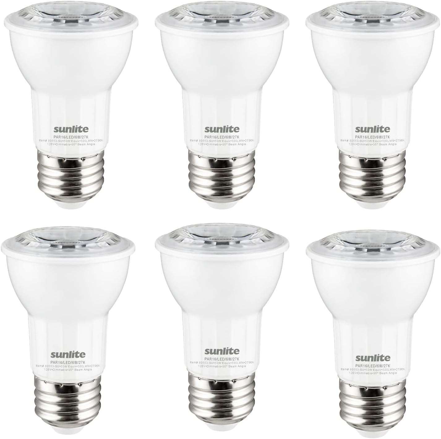 Sunlite LED PAR16 Reflector Light Bulb, 6 Watts (50 Watts Equivalent), 500 Lumens, Medium E26 Base, Dimmable, Floodlight, 90 CRI, Energy Star Certified, ETL Listed, 6 Count, 3000K Warm White