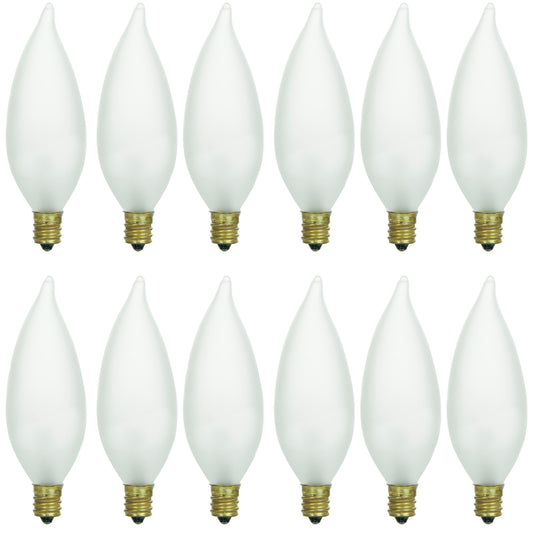 Sunlite 40031-SU 12-Pack Flame Tip Chandelier Bulbs, 40 Watts, Candelabra Base (E12), 120 Volt, Frost, Incandescent, Dimmable, 32K - Warm White