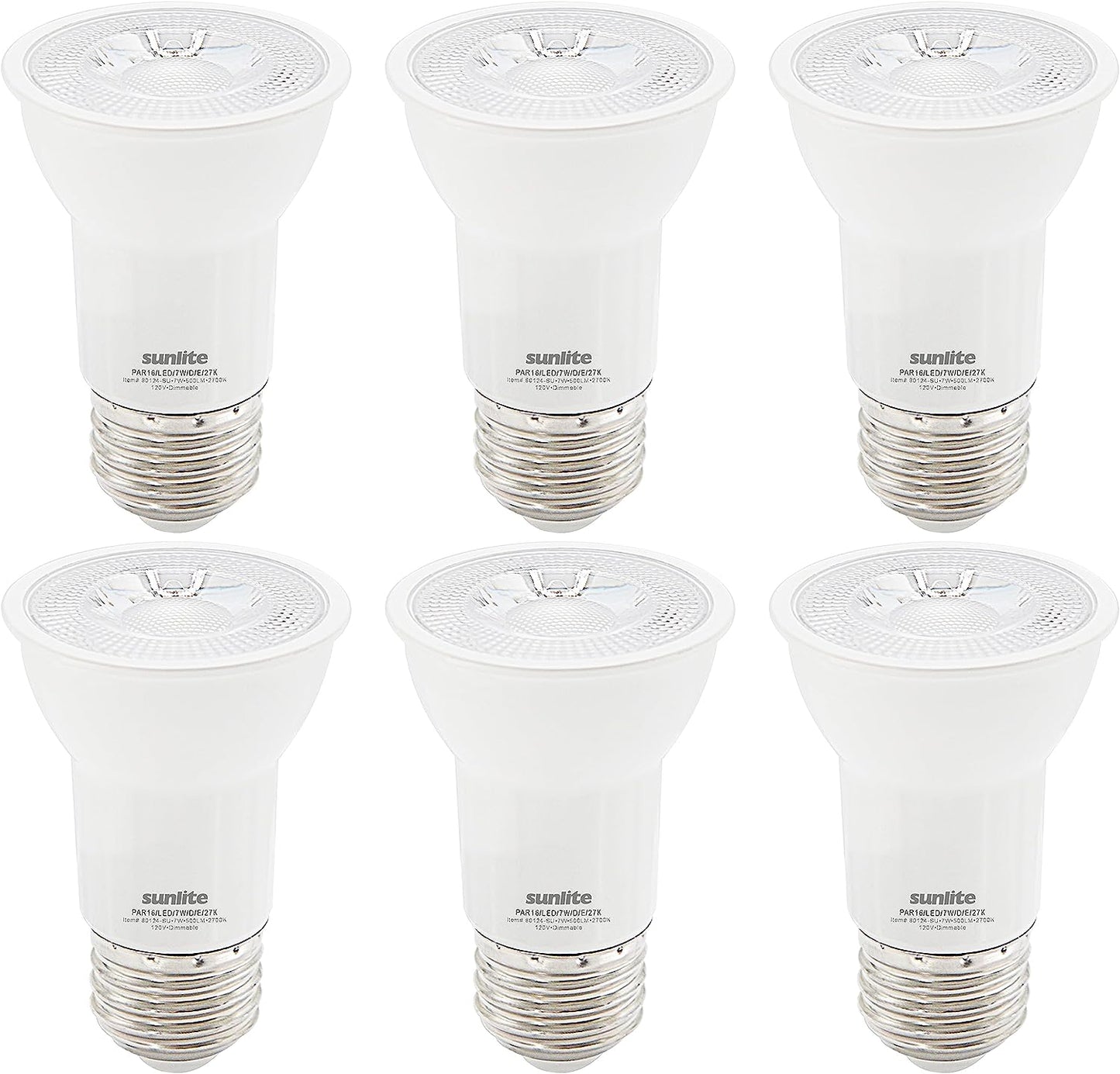 Sunlite 40385 LED PAR16 Long Neck Recessed Spotlight Bulb, 7 Watt, (75W Halogen Replacement), 500 Lumens, Medium (E26) Base, Dimmable, ETL Listed, 2700K Warm White, 6 Pack