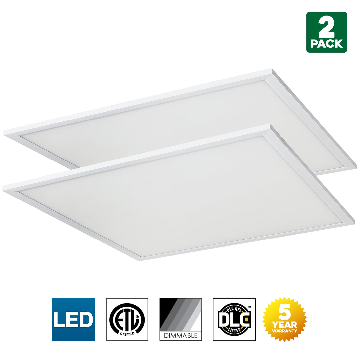 Sunlite LED Light Panel, 2x2 Feet, 40 Watt, 3000K Warm White, 4000 Lumens, Dimmable, DLC Listed, 50,000 Hour Average Life Span, 2 Pack