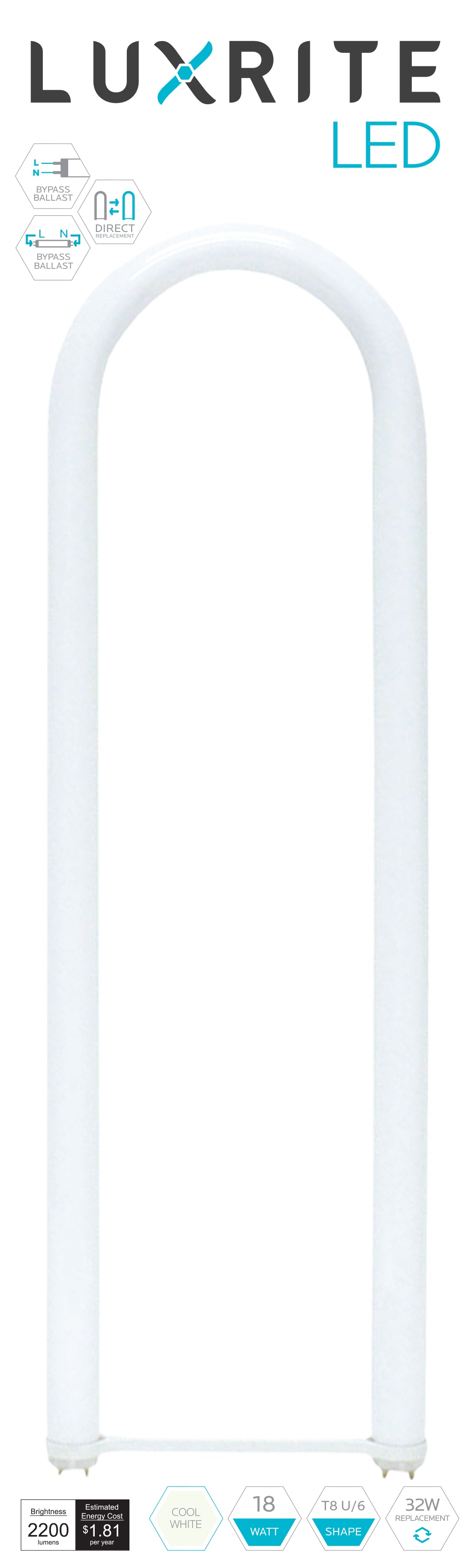 Luxrite Retrofit Tube LED18T8/40K/U6/UNV 4000K Cool White