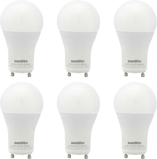 Sunlite 82101 LED A19 Light Bulb, 14 Watts (100 Watts Equivalent), 1500 Lumens, 120 Volts, Dimmable, GU24 Base, 90 CRI, Title-24 Compliant, UL Listed, 3000K Warm White, 6 Pack