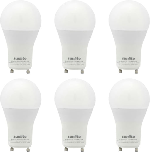 Sunlite 82101 LED A19 Light Bulb, 14 Watts (100 Watts Equivalent), 1500 Lumens, 120 Volts, Dimmable, GU24 Base, 90 CRI, Title-24 Compliant, UL Listed, 3000K Warm White, 6 Pack