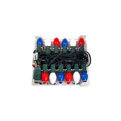 Red, White and Blue Finish Christmas Light String Set, C7 Shape, 12 Foot, Candelabra Base, Green Wire, 25 String Light with 12" Spacing Between Lights