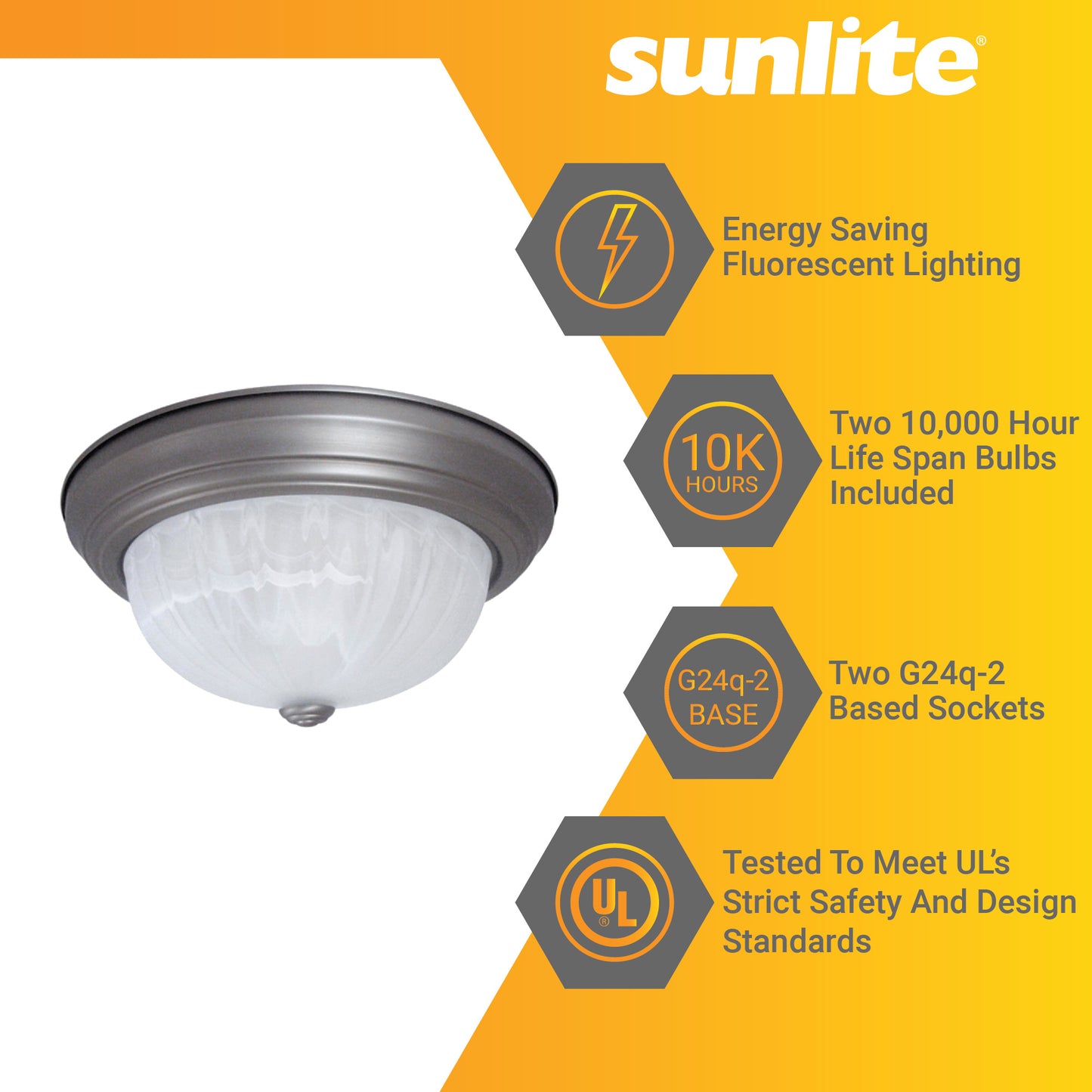 Sunlite 13" Decorative Dome Ceiling Fixture, Two PLD-Type 18 Watt Fluorescent Bulbs Included, 10,000 Hour Life Span, Brushed Nickel Finish, Alabaster Glass Shade, Ideal for Hotel Rooms, Bedrooms, Hallways, Entryways, Bathrooms, Kitchens, UL Listed