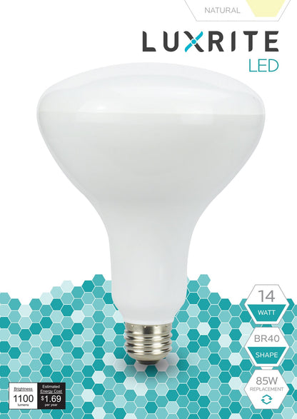 Luxrite LED BR40 Reflector Light Bulb, 14W, 1100 Lumens, 3500K - Natural, 80 CRI, Frosted White Finish, Dimmable (LR31822)