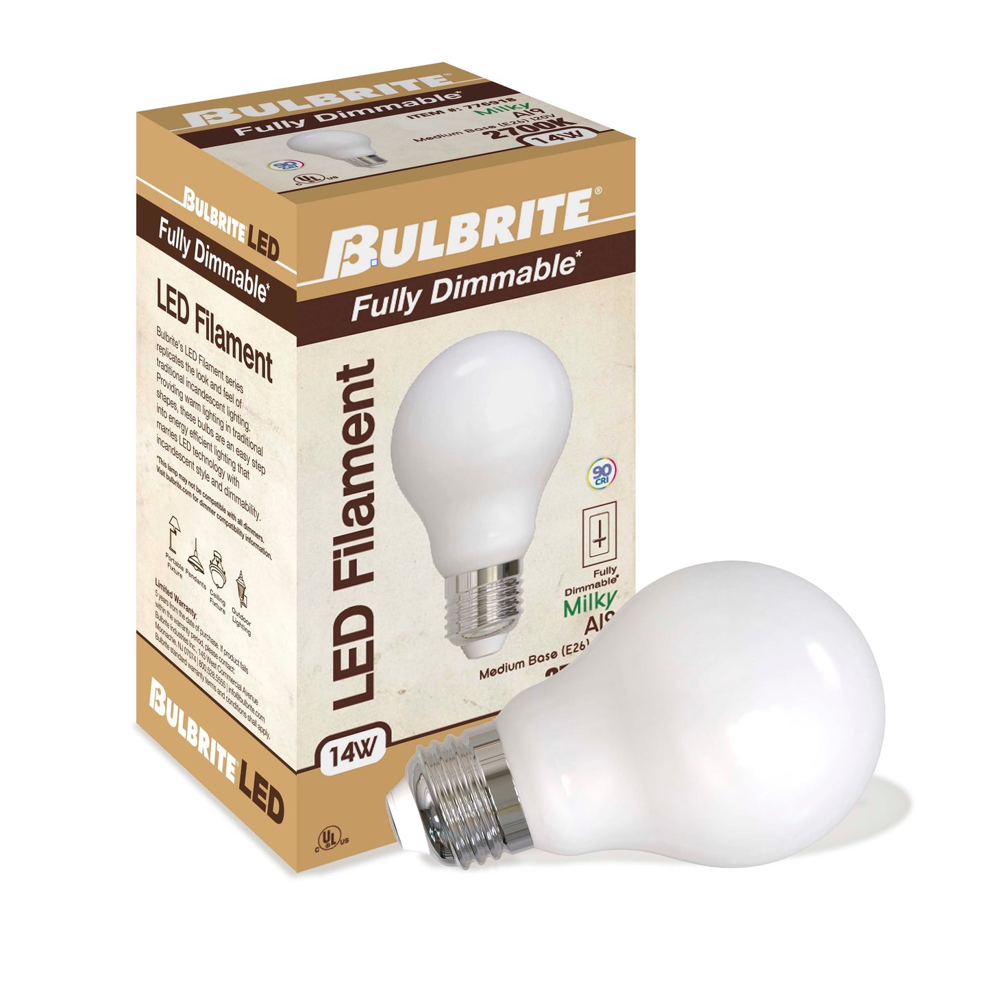 BULBRITE 14W LED A19 2700K FILAMENT MILKY E26 FULLY COMPATIBLE DIMMING-4PK