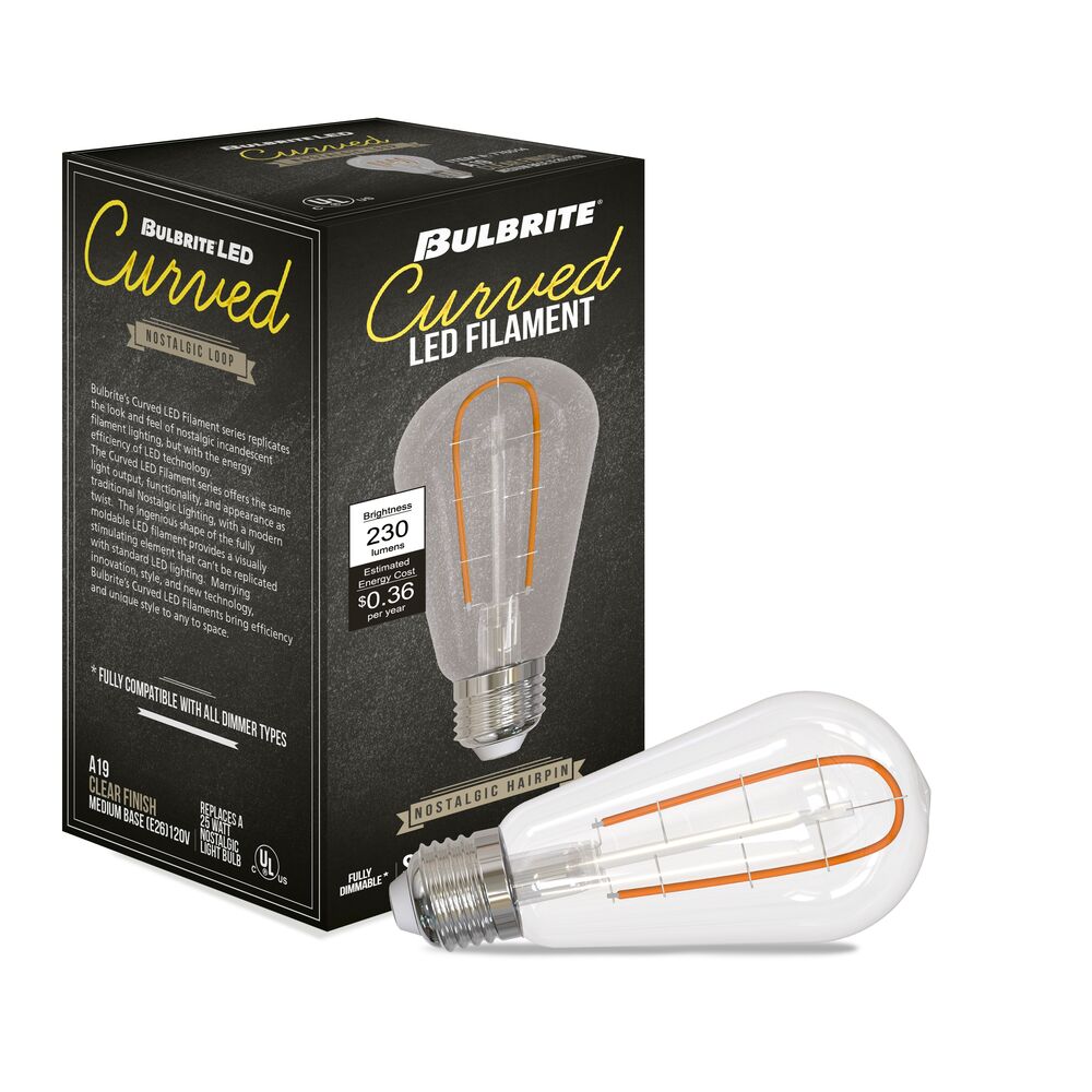 Bulbrite LED Curved Filament Pack of (4) 3 Watt Dimmable ST18 Light Bulbs with Clear Finish and Medium (E26) Base - 2100K (Warm Amber Light), 230 Lumens