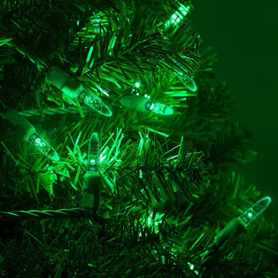 50 Light LED Mini Ice (M5) Light Set Green Bulbs on Green Wire, Approx. 17'8" Long