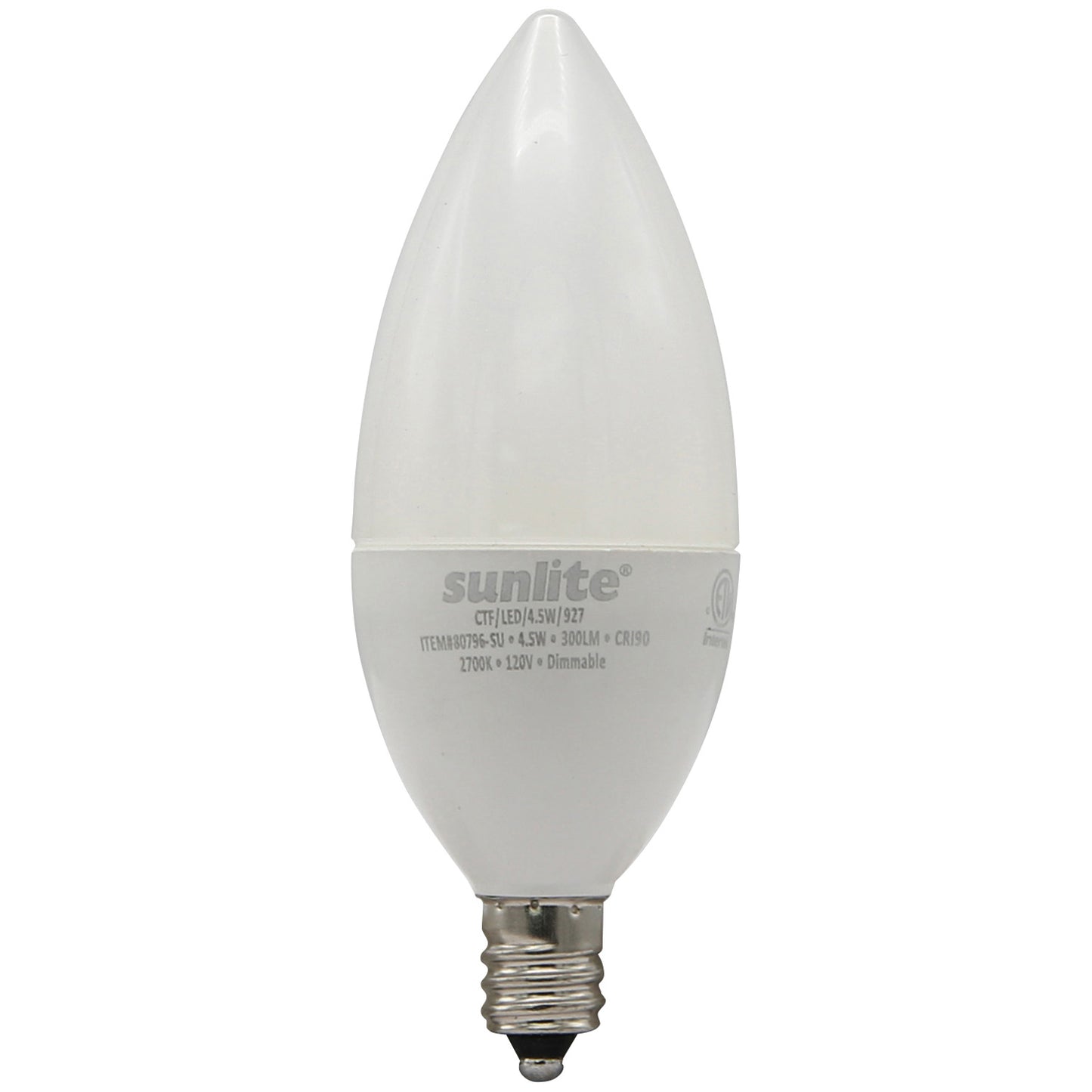 Sunlite 80796 CTF/LED/4.5W/927 Decorative E12 Base Frosted Dimmable Energy Star CRI90 2700K