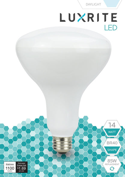 Luxrite LED BR40 Reflector Light Bulb, 14W, 1100 Lumens, 6500K - Daylight, 80 CRI, Frosted White Finish, Dimmable (LR31825)