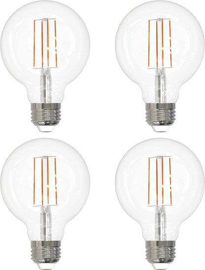 LED G25 Edison Globe Light Bulb, 8.5 Watts (100W Equivalent), Standard E26 Base, 800 Lumens, Dimmable, Decorative Clear Glass, Antique Long Filament, 90 CRI, 2700K Warm White, 4 Count